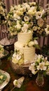 A beautiful decorated cake on a candy table and white flowers decorated for a wedding party Royalty Free Stock Photo