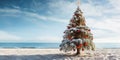 Beautiful decorated Christmas tree on the azure beach, Shot for a poster or postcard. Generative AI