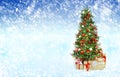 Beautiful decorated Christmas tree on light blue background, space for text. Bokeh effect Royalty Free Stock Photo