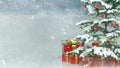 Beautiful decorated christmas tree with red present boxes in a snowy winter landscape Royalty Free Stock Photo