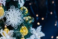Beautiful decorated christmas tree with snow on the blurred bokeh of the garland. Holiday background Royalty Free Stock Photo