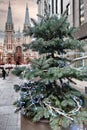 Christmas tree with St. Nicholas Roman Catholic Cathedral in Kyiv, Ukraine