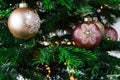 Beautiful decorated Christmas tree. with various hanging Christmas balls on the tree, Christmas background, gold and pink balls