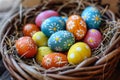 Beautiful decorated Easter eggs in nest, closeup view. Easter celebration Royalty Free Stock Photo