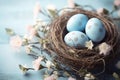 Beautiful decorated Easter eggs in a nest. Spring holiday