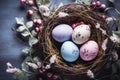 Beautiful decorated Easter eggs in a nest. Spring holiday