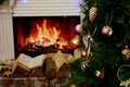 Beautiful decorated fireplace and Christmas tree Royalty Free Stock Photo