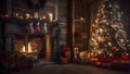 Beautiful decorated fireplace and Christmas tree at cottage. Royalty Free Stock Photo