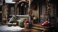Beautiful decorated front door of a house with Christmas ornaments
