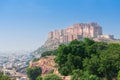 Beautiful decorated garden of Jaswant Thada cenotaph, Jodhpur, Rajasthan, India. Distant view of Mehrangarh fort. Garden has