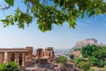 Beautiful decorated garden of Jaswant Thada cenotaph, Jodhpur, Rajasthan, India. Distant view of Mehrangarh fort. Garden has Royalty Free Stock Photo