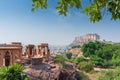 Beautiful decorated garden of Jaswant Thada cenotaph, Jodhpur, Rajasthan, India. Distant view of Mehrangarh fort. Garden has Royalty Free Stock Photo