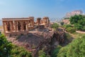 Beautiful decorated garden of Jaswant Thada cenotaph, Jodhpur, Rajasthan, India. Distant view of Mehrangarh fort. Garden has Royalty Free Stock Photo