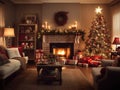 Beautiful decorated living room with a christmas tree and a fire place Royalty Free Stock Photo