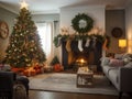 Beautiful decorated living room with a christmas tree and a fire place Royalty Free Stock Photo