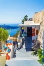 Art gallery at cliff top steps in Santorini island with Caldera views Greece Royalty Free Stock Photo