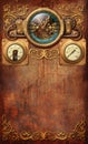 Steampunk aged metal background with steam gauges and retro clock illustration