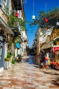 Beautiful decorated streets of Nafplion with traditional architectural buildings. Nafplion is undoubtedly one of the most idyllic