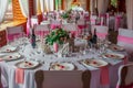 Beautiful decorated wedding restaurant for marriage. Colorful decoration for celebration. Beauty bridal interior Royalty Free Stock Photo