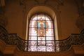 A beautiful decorated window in the church of St. Nicholas in Prague. The church was built in 1273. Interior inside the