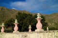 Beautiful decoration on the fence of Santa Ana de Maca Church against the Mountain Range, Colca Canyon, Peru Royalty Free Stock Photo