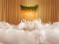 Beautiful decoration setup for wedding ceremony, with decorative smoke