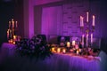 Beautiful decoration of a table at the wedding reception. Purple lights. Burning candles. White flowers. Tasty food Royalty Free Stock Photo