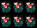 Beautiful decorative graphic bright pattern of red poppies with leaves and heads watercolor Royalty Free Stock Photo