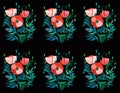 Beautiful decorative graphic bright pattern of red poppies with leaves and heads
