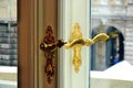 beautiful decorative shiny brass door handle closeup. ornate white wood door and clear glass pane