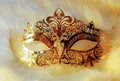 Beautiful decorative venice style mask with filigrane linear ornaments on fur background. Royalty Free Stock Photo
