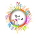 Round frame for text with colored flowers and grass. Place for your text. Vector illustration Royalty Free Stock Photo