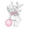 A beautiful deer with a bow blows a bubble of gum.