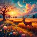 A beautiful deer in a breathtaking field, with sunset on spring season, magical elements arounds, flower, tree, digital painting