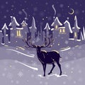 Beautiful deer christmas night snow town Royalty Free Stock Photo