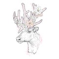 Beautiful deer in a flower wreath. Fashion & Style. Wild animal.