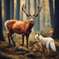 A beautiful Deer and a beautiful fox all in wood nature.