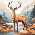 Beautiful deer with gorgeous antlers on mountains background, vector in watercolor style