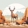 Beautiful deer with gorgeous antlers on mountains background, vector in watercolor style