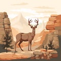 Beautiful deer with gorgeous antlers on mountains background, vector in watercolor style