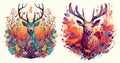 Beautiful deer portrait with colorful flowers garland, isolated vector illustration set Royalty Free Stock Photo