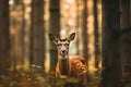 A beautiful deer stands in the lush forest