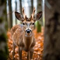 A beautiful deer stands in the lush forest