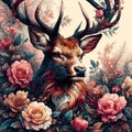 A beautiful deer surrounded by the colorful flowers, in a bold painting, animal cteatures, fantasy art