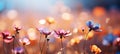 Beautiful defocused field of colorful cosmos flowers in sunlit meadow with soft focus