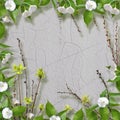 Beautiful delicate bouquet of bindweed and flowering branches with ribbons and bows in the style of scrapbook