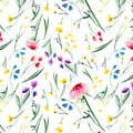 Beautiful Delicate Bright Floral Yellow Pink Red Violet Purple Blue Delphiniums Rose And Cornflowers Pattern With Buds, Leaves And