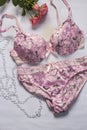 Beautiful delicate lingerie, panties and bra on white background with delicate rose Royalty Free Stock Photo