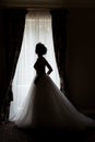 Beautiful delicate bride happy woman with a crown on her head by the window with a large wedding bouquet in a luxurious white