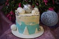 Beautiful delicious cake decorated for New Year and Christmas themes.